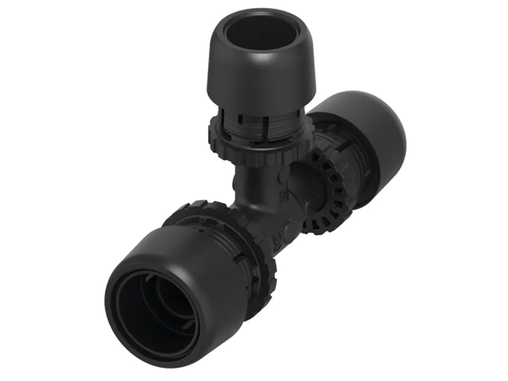 TECE Produkt, schwarzes T-Stück mit drei Anschlüssen, geeignet für Rohrverbindungen. Das Design zeigt zwei gleich große und einen reduzierten Anschluss.